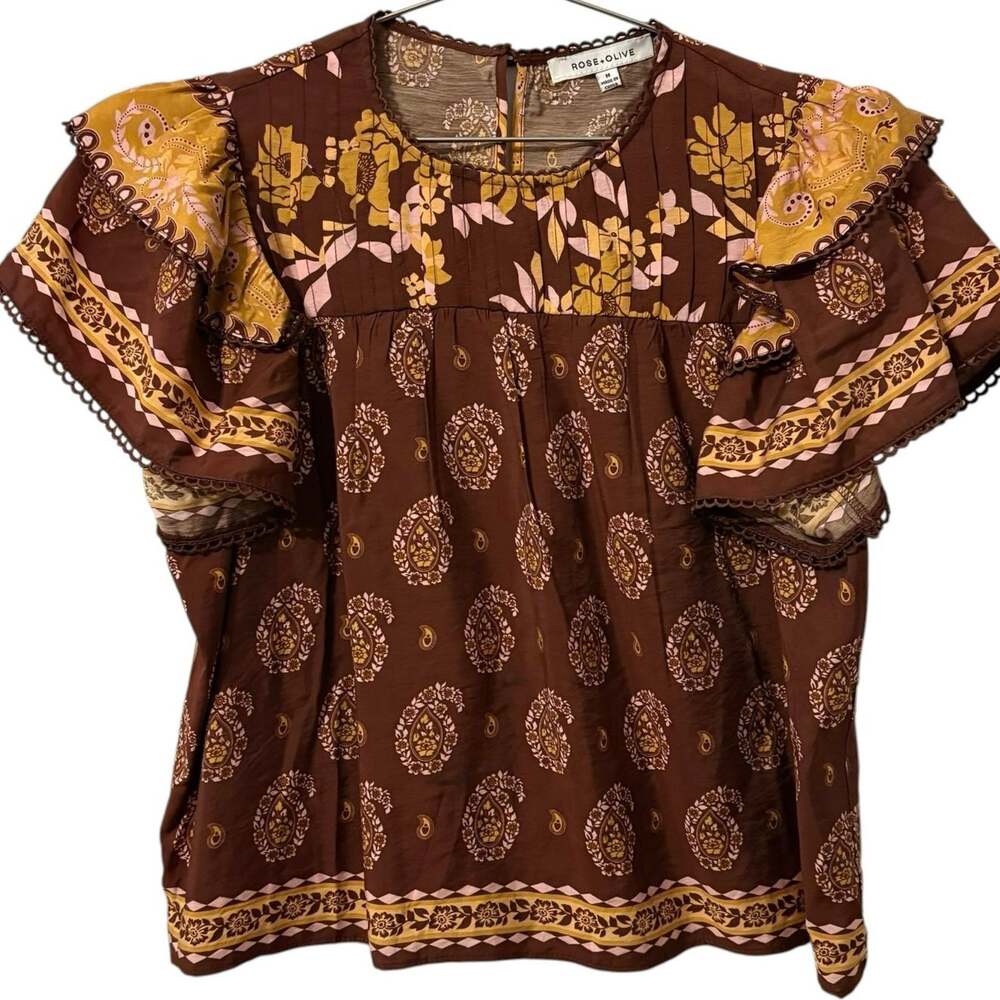 Rose & Olive Brown Pink Mustard Paisley Ruffle Sleeve Boho Top M